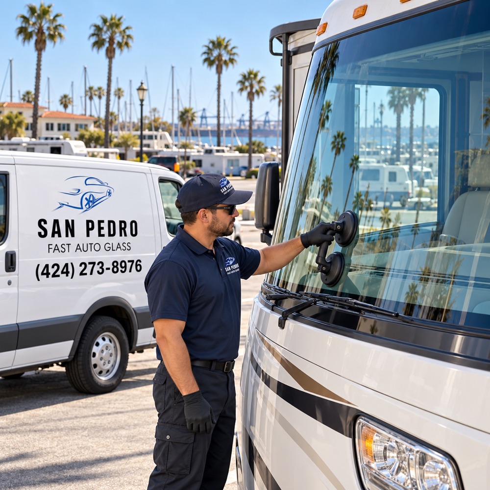San Pedro Fast Auto Glass technician fitting a windshield on a Class A motorhome near the San Pedro waterfront