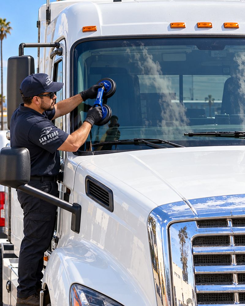 San Pedro Fast Auto Glass technician working on a semi truck windshield near the Port of Los Angeles