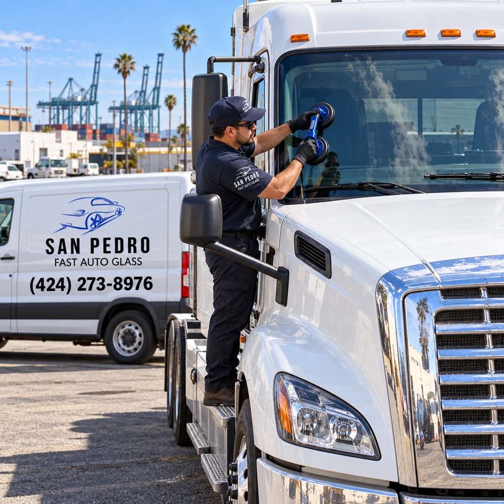 San Pedro Fast Auto Glass technician fitting a windshield on a semi truck with port cranes behind