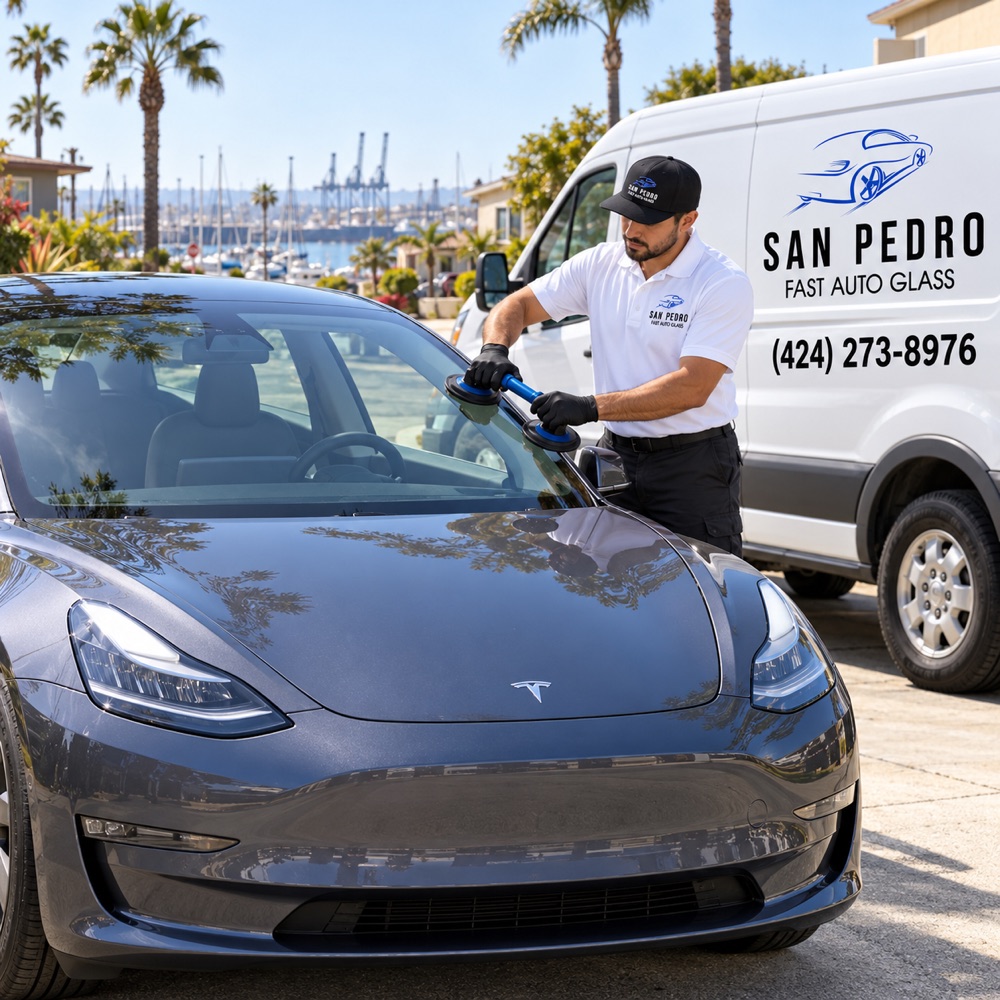 San Pedro Fast Auto Glass technician fitting a windshield on a Tesla Model 3 near the San Pedro waterfront